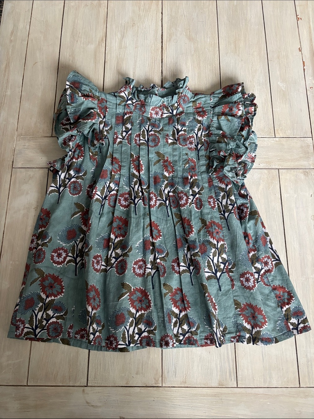 Victoria Dunn Green Floral Ruffle Sleeveless Blouse Large